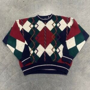 Vintage Chunky Sweater 3D Cotton Ramie Blend Argyle Heavyweight Fall Medium